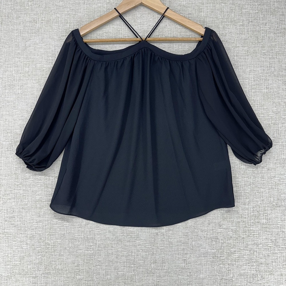 1.STATE Blouse Womens XS Black Off Shoulder Strappy Sheer Balloon 3/4 Sleeve Top